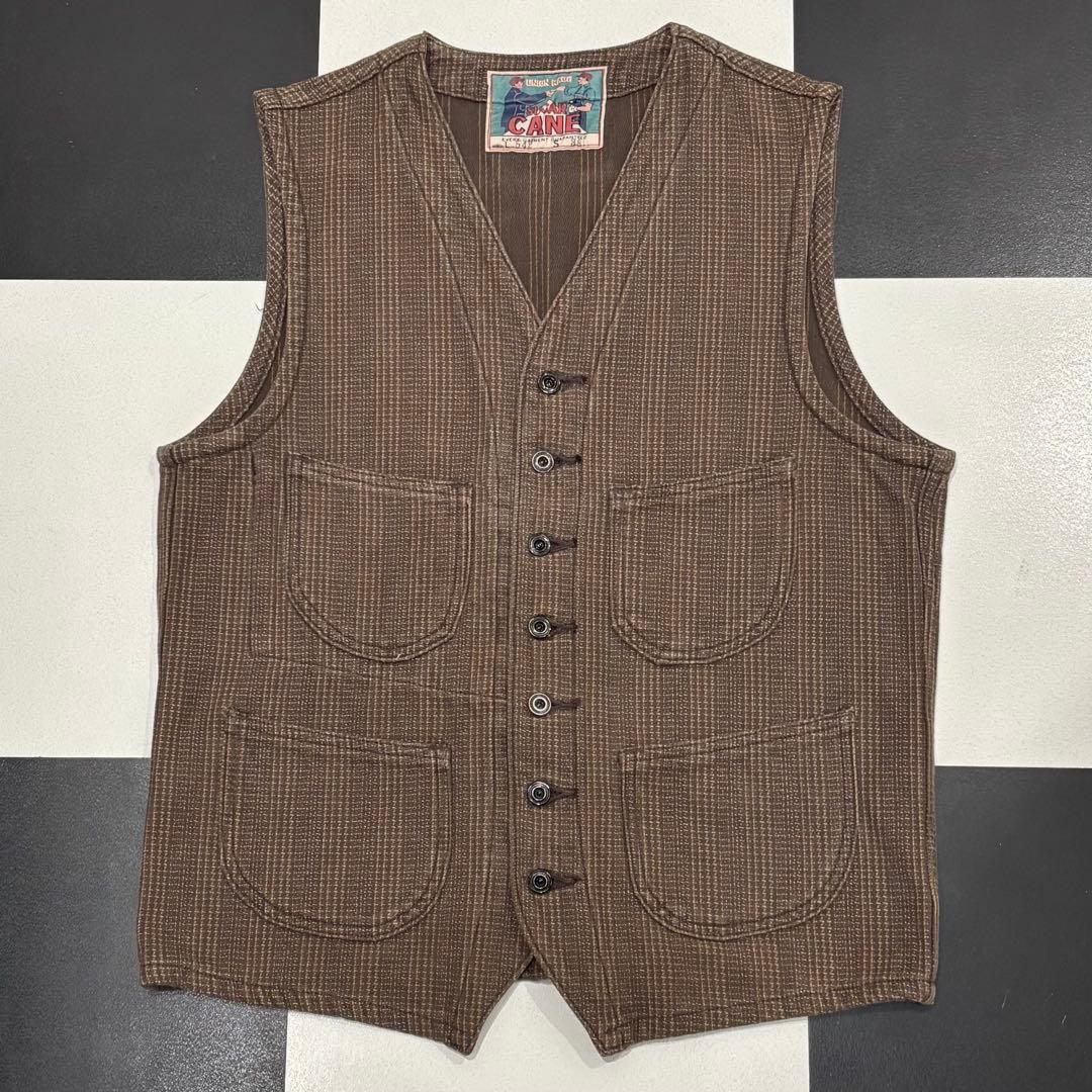 美品 SUGAR CANE ブラウン ストライプ チェック ワーク ベスト 38