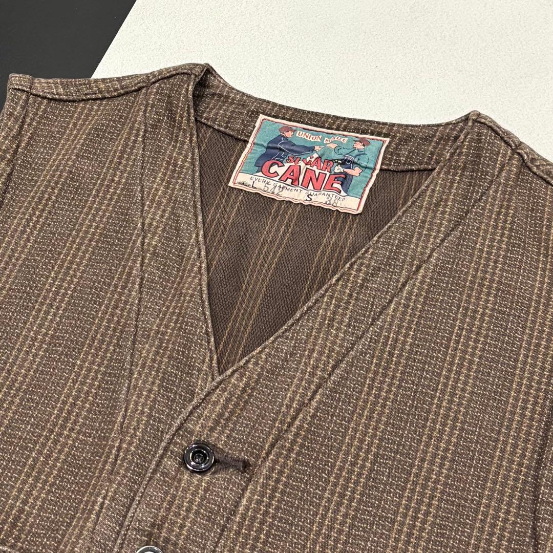 美品 SUGAR CANE ブラウン ストライプ チェック ワーク ベスト 38