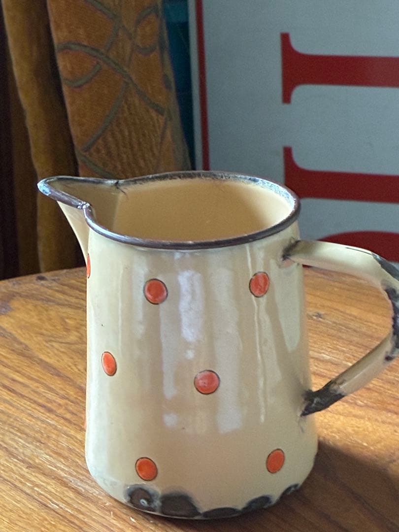 フランス　アンティーク　ホーロー　ピッチャー　ジャグ　ポルカ　ドット　水玉　レア