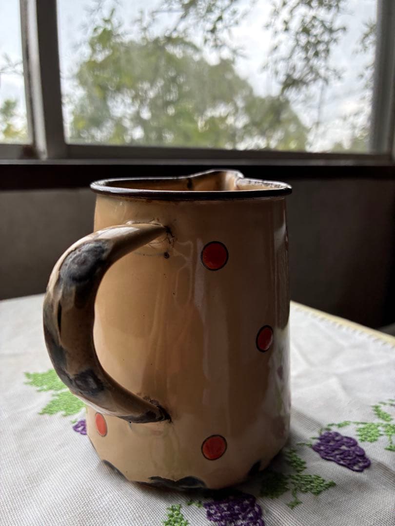 フランス　アンティーク　ホーロー　ピッチャー　ジャグ　ポルカ　ドット　水玉　レア