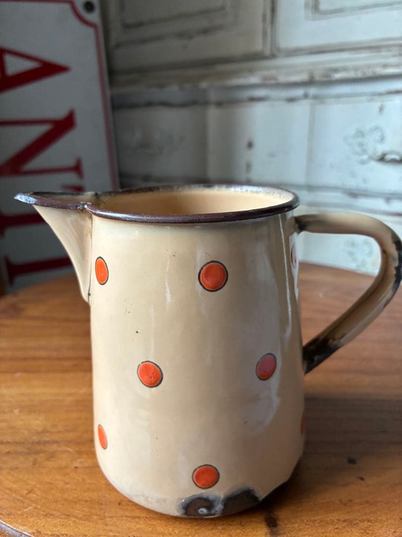 フランス　アンティーク　ホーロー　ピッチャー　ジャグ　ポルカ　ドット　水玉　レア