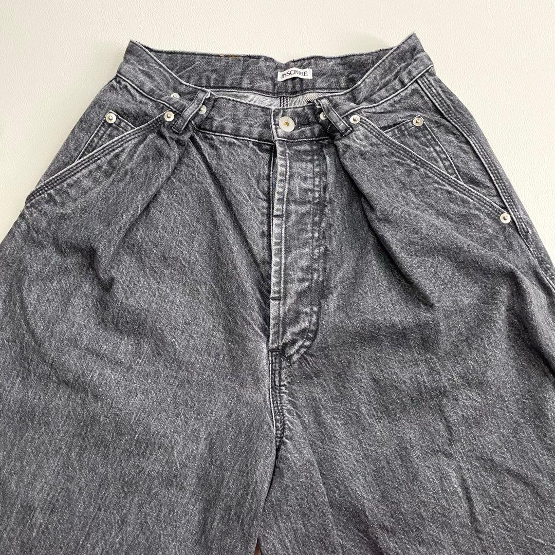 6241【美品】アンスクリア　タックワイドデニム　ブラック　ジーンズ　コットン