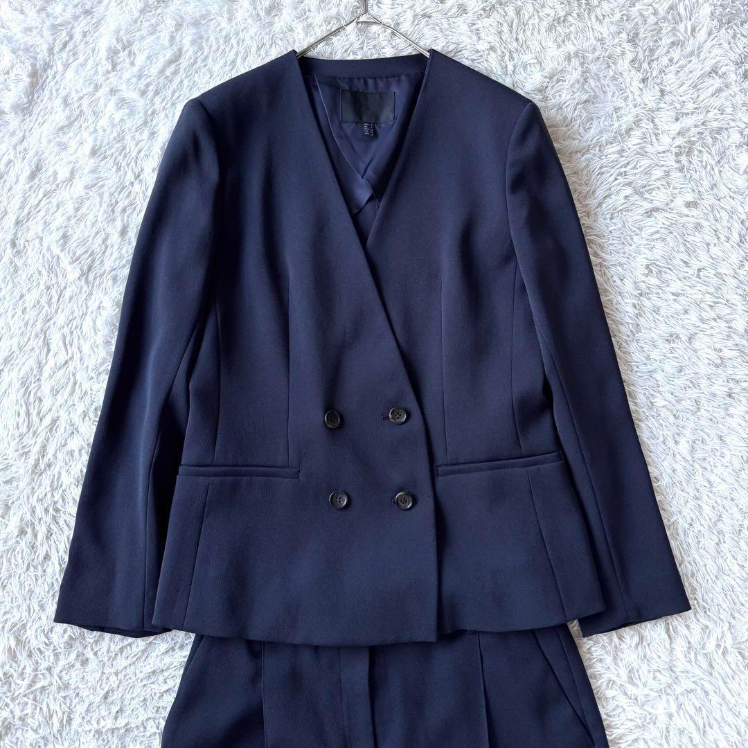極美品　ICB ノーカラー　ダブル　ビジネス　スーツ　セットアップ　ブルー　M
