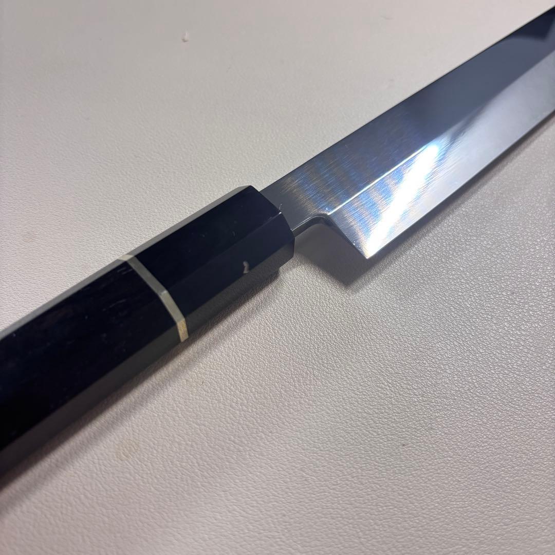 270mm 切付柳刃包丁 鏡面　黒檀黒水牛八角柄 刺身包丁 【全鋼】鞘付き