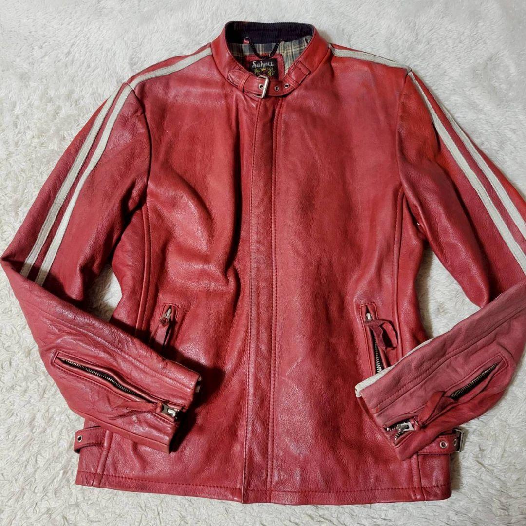希少✨　ショット　ライダースジャケット　Lサイズ　カウレザー　チェック柄　赤
