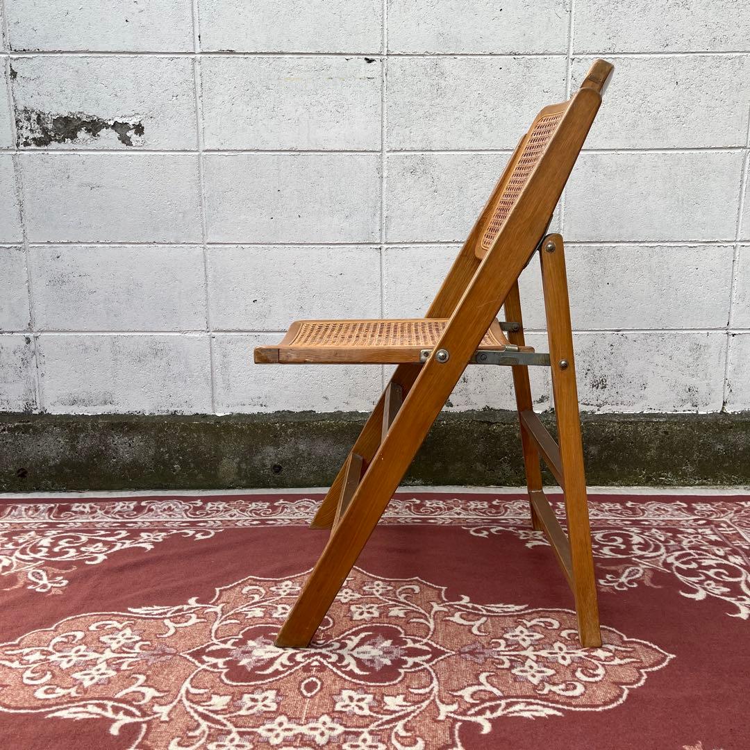 古家具ビンテージ品◾️籐ラタンパネル×木製フレーム 折りたたみ椅子 チェア A