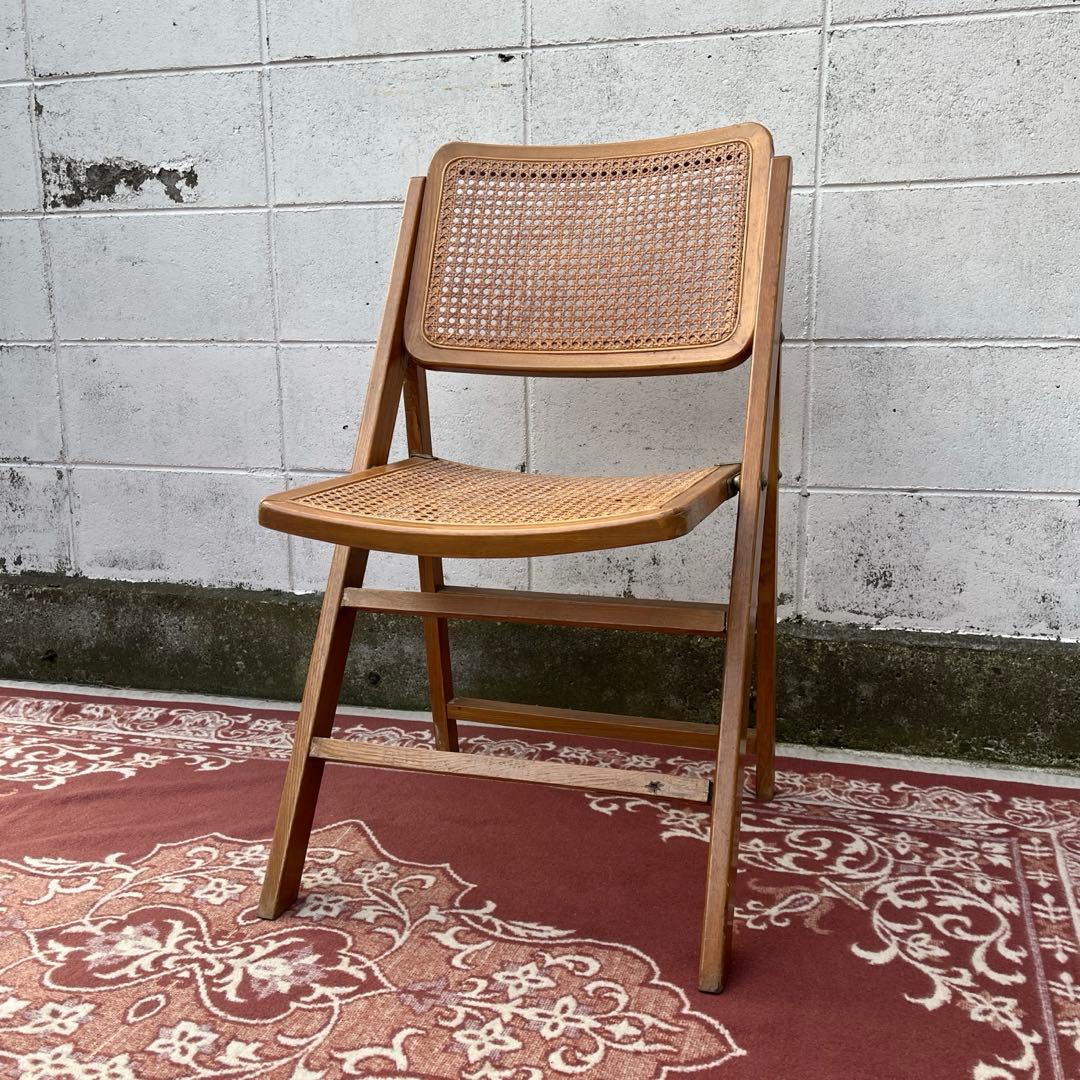 古家具ビンテージ品◾️籐ラタンパネル×木製フレーム 折りたたみ椅子 チェア A