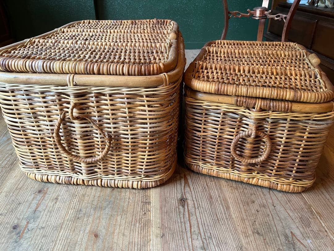 籐 ラタン かご バスケット 大小 セット 昭和レトロ 当時物 インテリア 収納