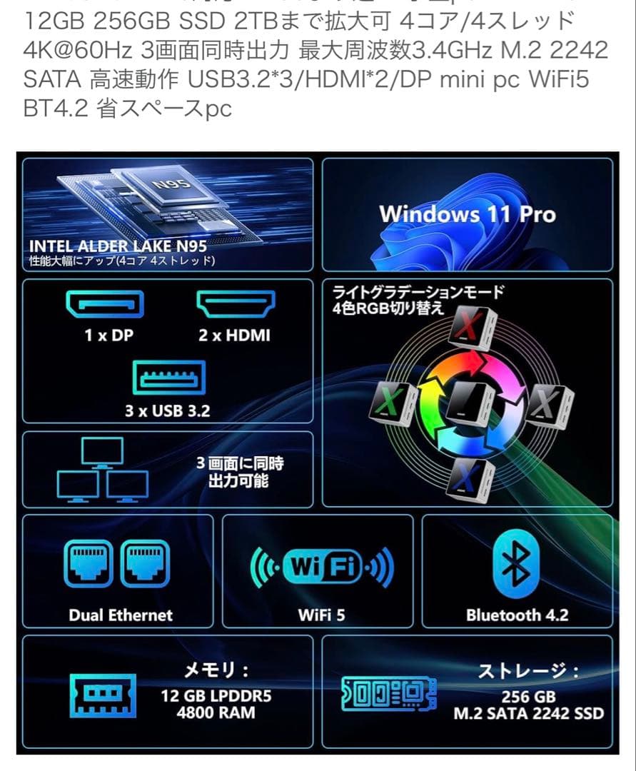 【Win11ミニPC】DDR5 12GB 256GB SSD