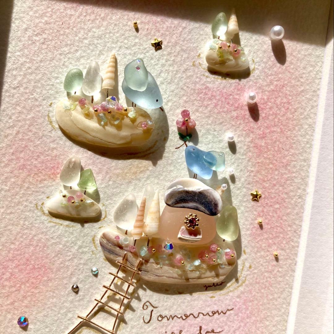 雲の上の出逢い　シーグラス／天然石／フレームアート／鳥