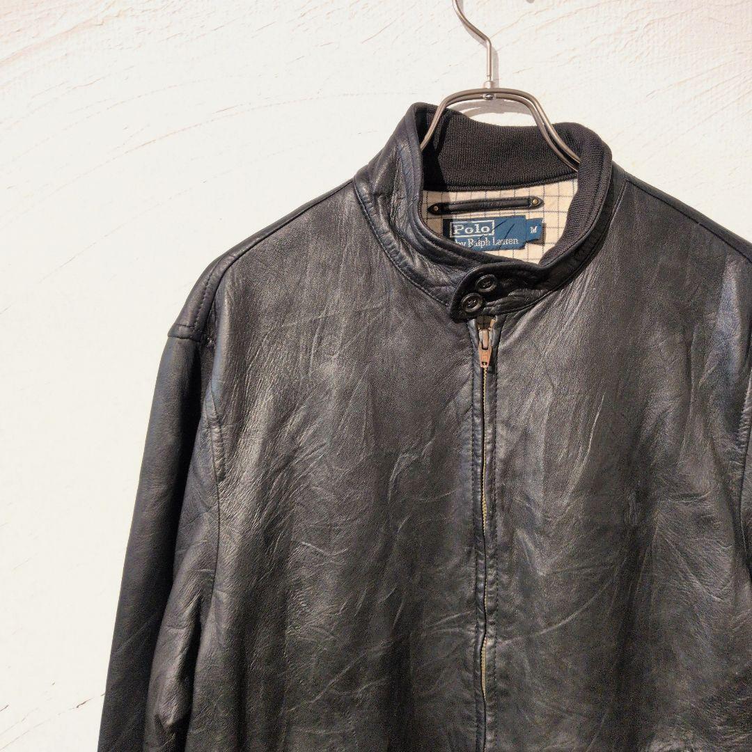 90年代希少　ラルフローレン　ブラックラムレザー　スタンドカラーレザージャケット
