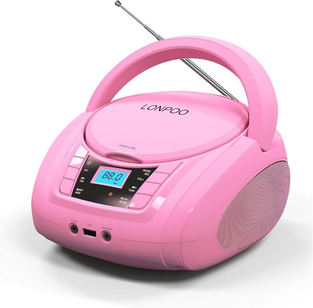 ステレオ CDプレーヤー FMラジオ MP3再生 USB/AUX入力 (ピンク)