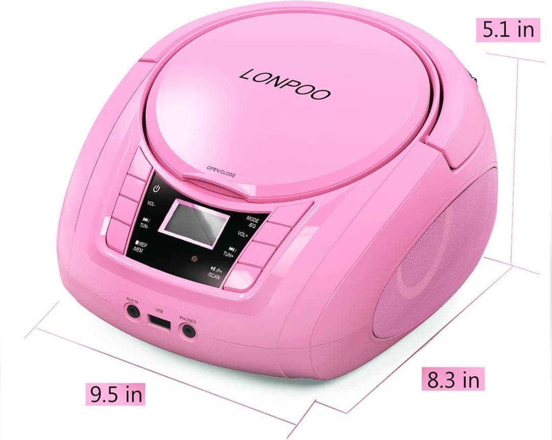 ステレオ CDプレーヤー FMラジオ MP3再生 USB/AUX入力 (ピンク)