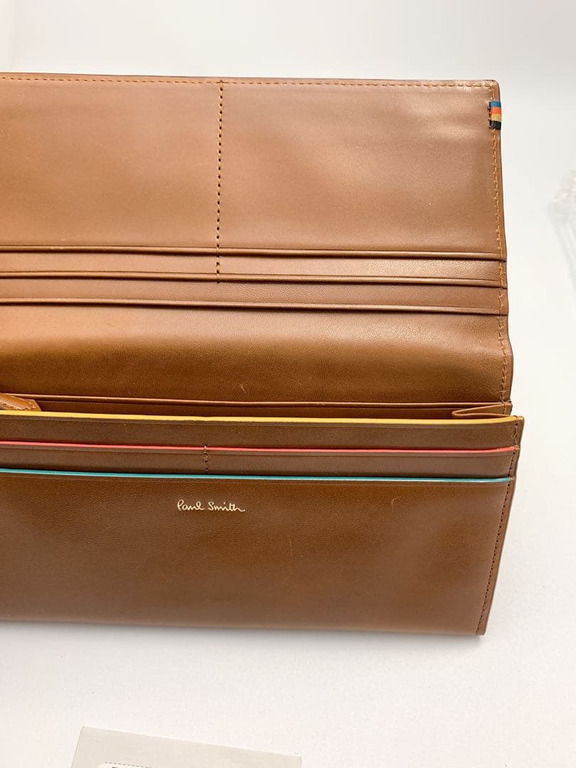 【新品】ポールスミス かぶせ長財布 長財布 ストライプステッチタブ ブラウン