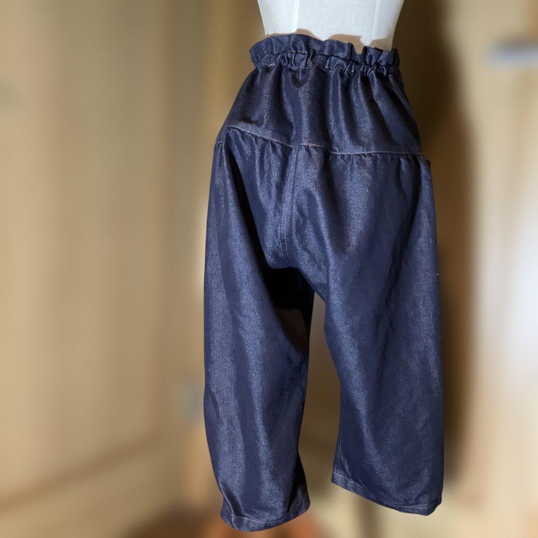 イッセイミヤケmeジーンズダークブルー ガウチョパンツ リボン付き