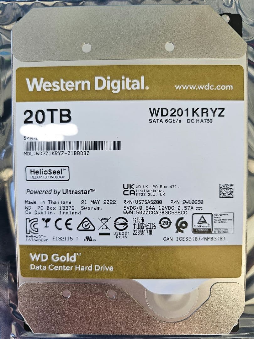 外付けハードディスク・ドライブ WD Gold 20TB HDD WD202KRYZ
