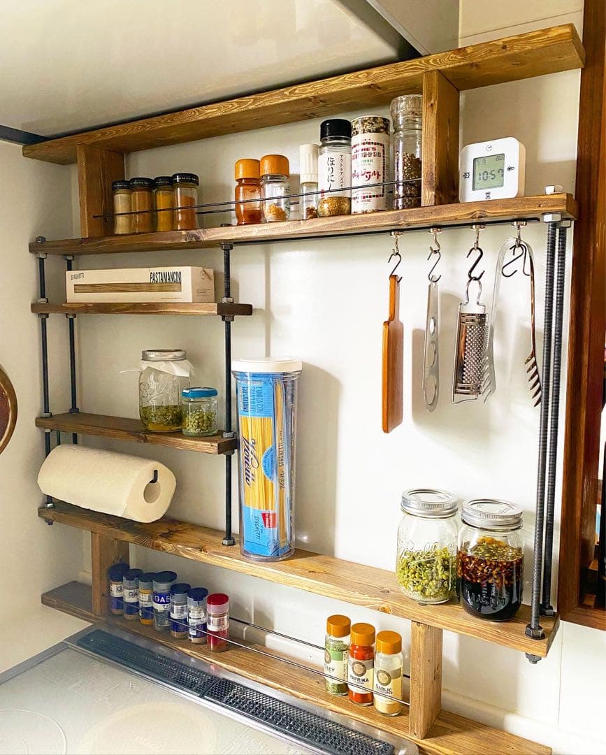 地震でも倒れない☆キッチンラックCentral4☆木目強調☆スパイスラック