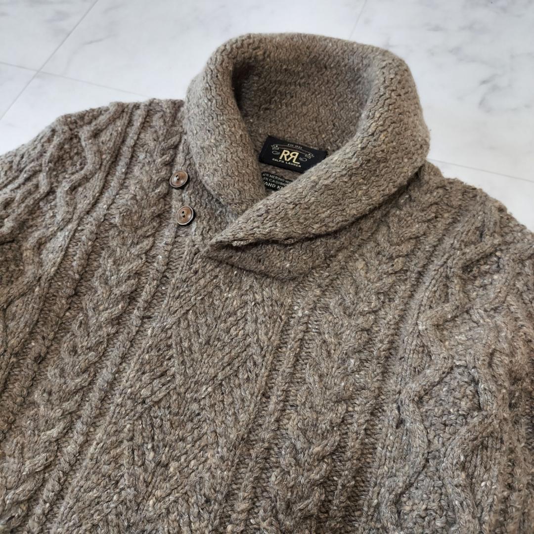 RRL カシミヤ混ウール ショールカラーケーブルハンドニット S アランニット