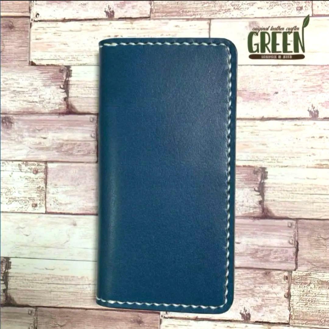 栃木レザー　ネイビー　iPhoneケース　スマホケース　本革　手帳型