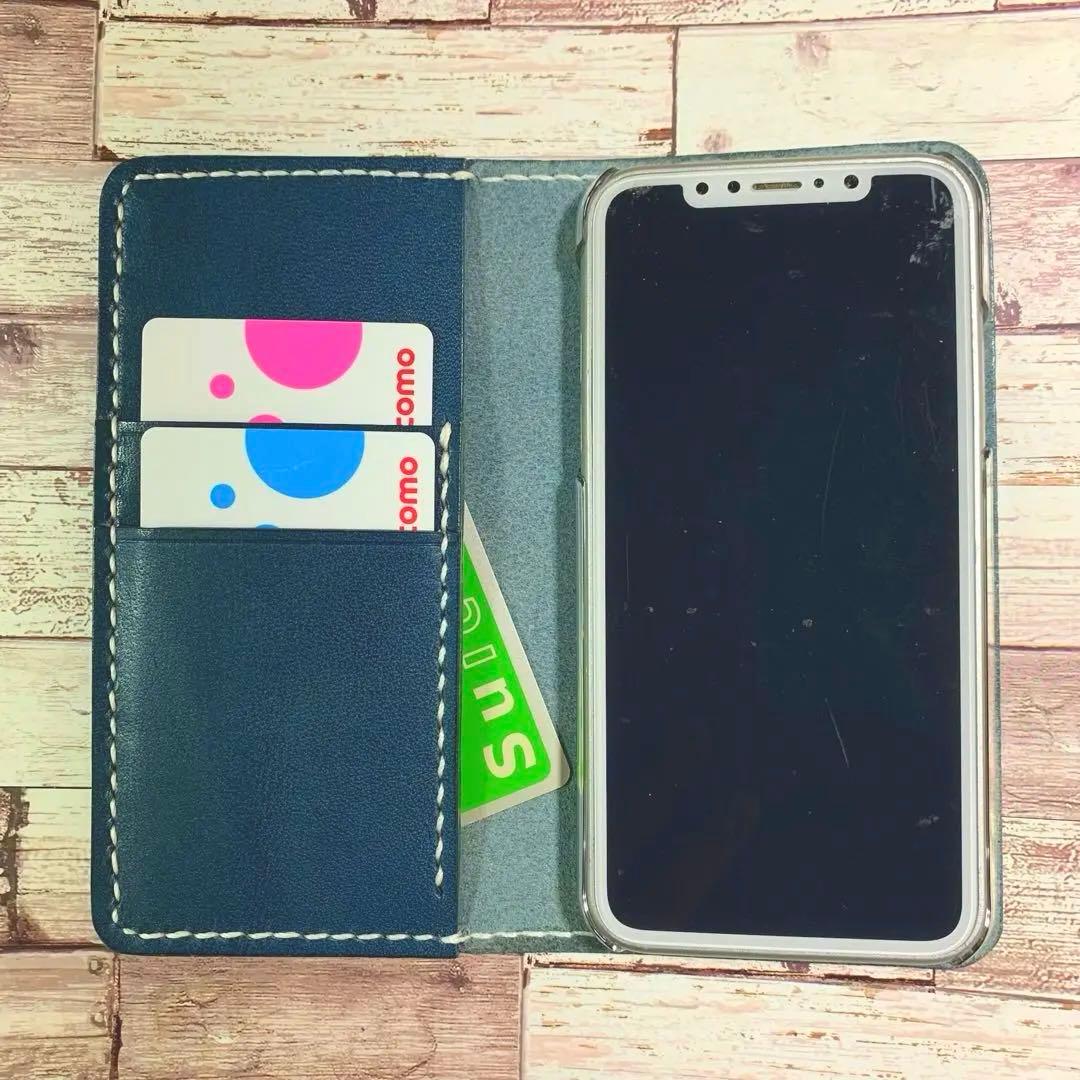 栃木レザー　ネイビー　iPhoneケース　スマホケース　本革　手帳型