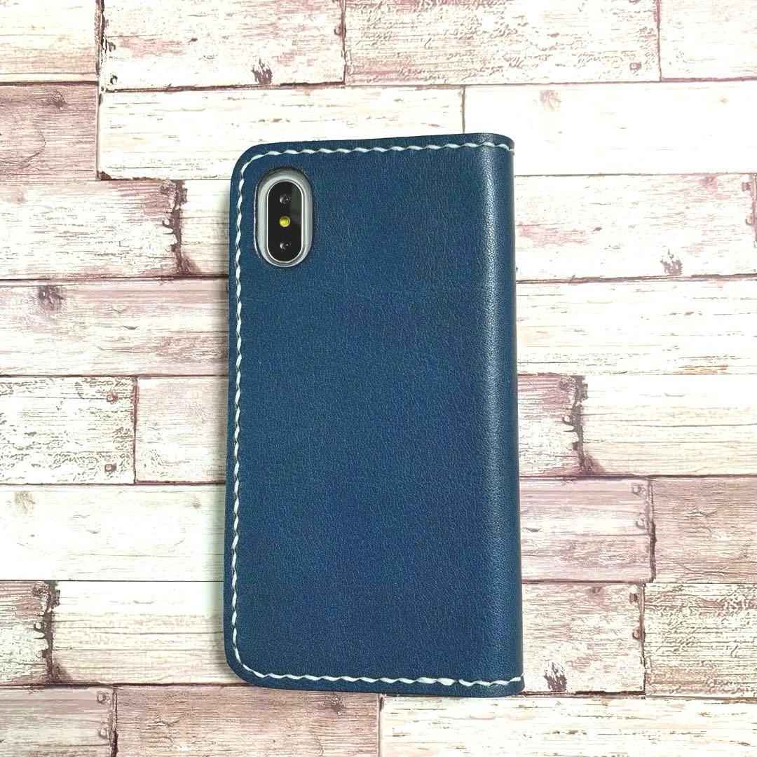 栃木レザー　ネイビー　iPhoneケース　スマホケース　本革　手帳型