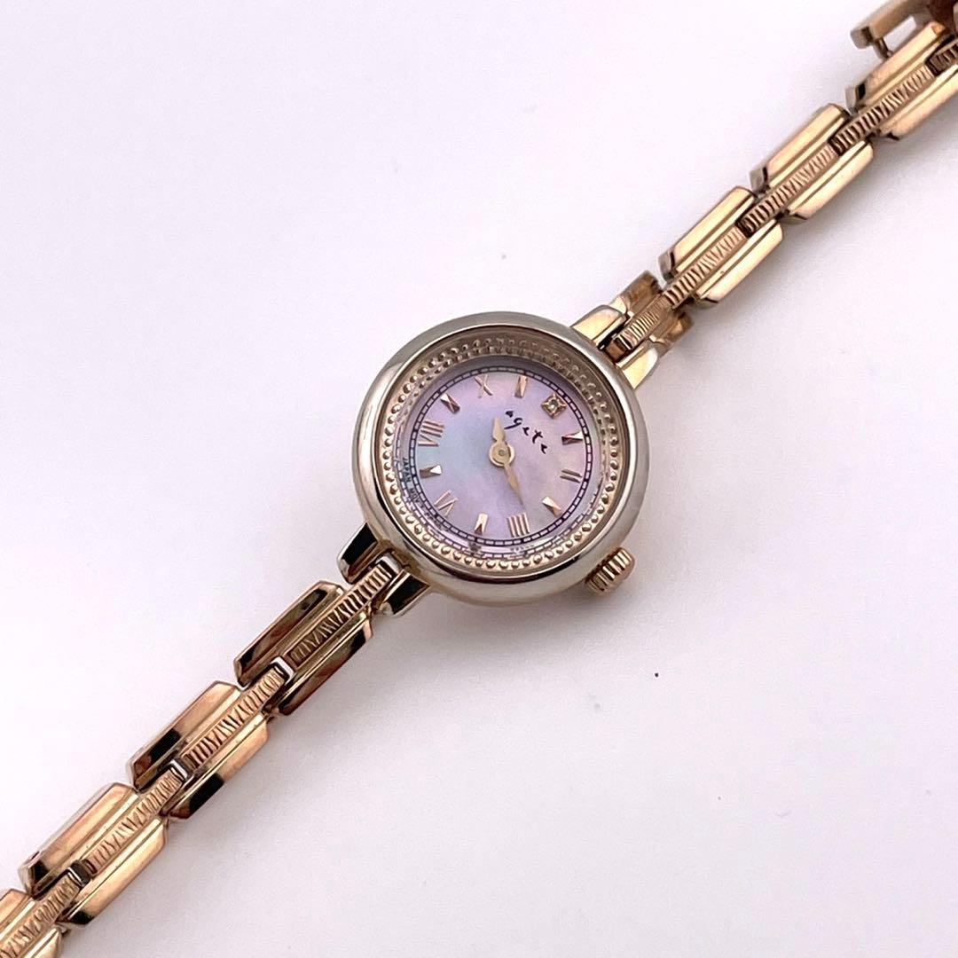 【稼働】agete ジュエリーウォッチ ソーラー シェル文字盤 ゴールド