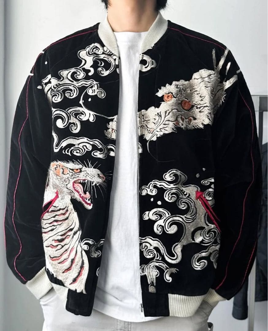 値下げ中！花旅楽団　リバーシブル ベロアスカジャン 豪華刺繍 龍虎　美品 別珍