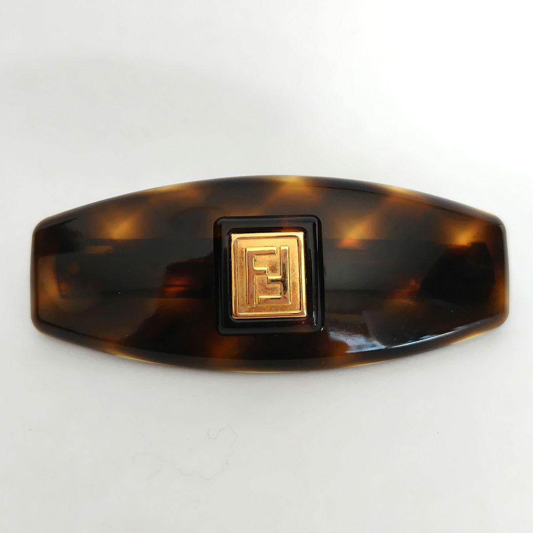 FENDI ロゴ入りべっ甲 バレッタ ブラウン ブラック シュシュ 袋付き 中古