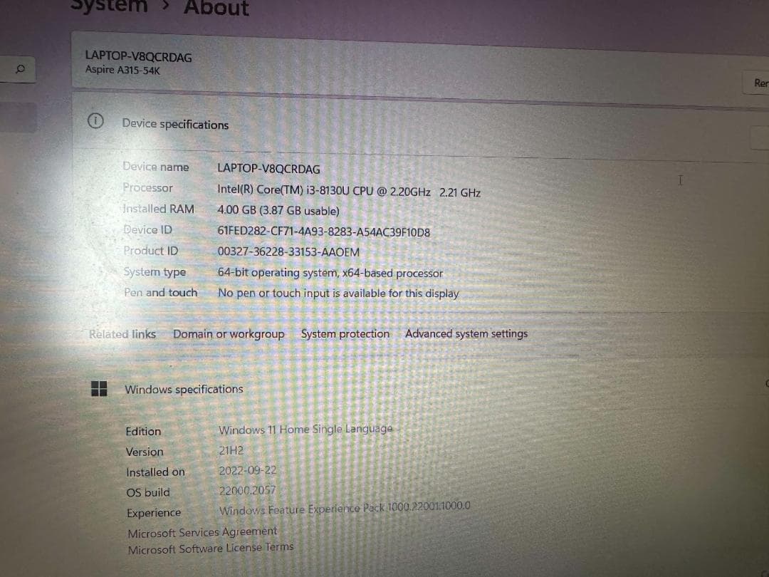 Windowsノート本体 Acer Aspire 3 A315-54 Core I3-8130