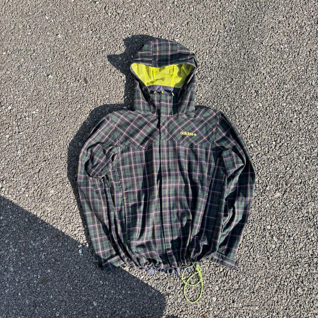 00s adidas 短丈 ジャケット y2kテック系 チェック柄 ドローコード