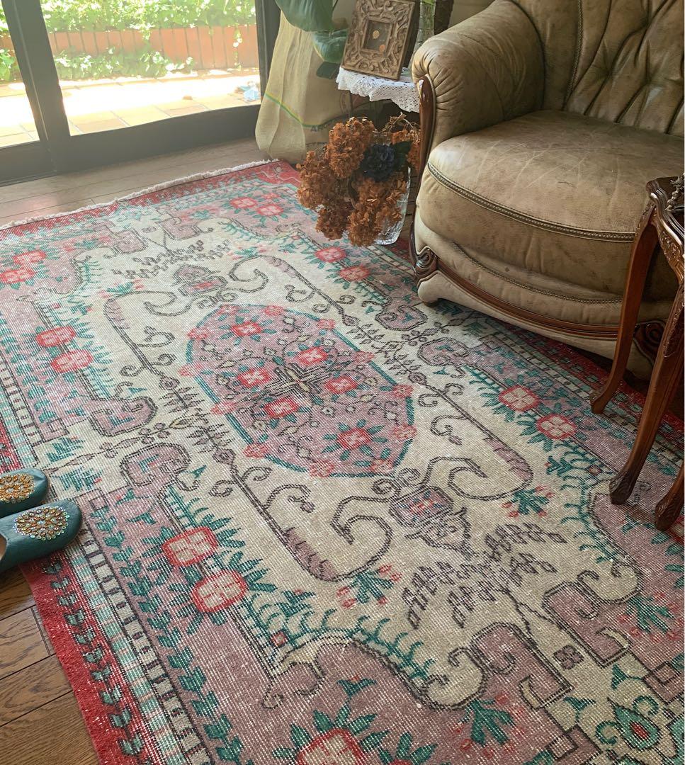 トルコヴィンテージラグ　205×122 モーヴピンク　フラワー　トルコラグ