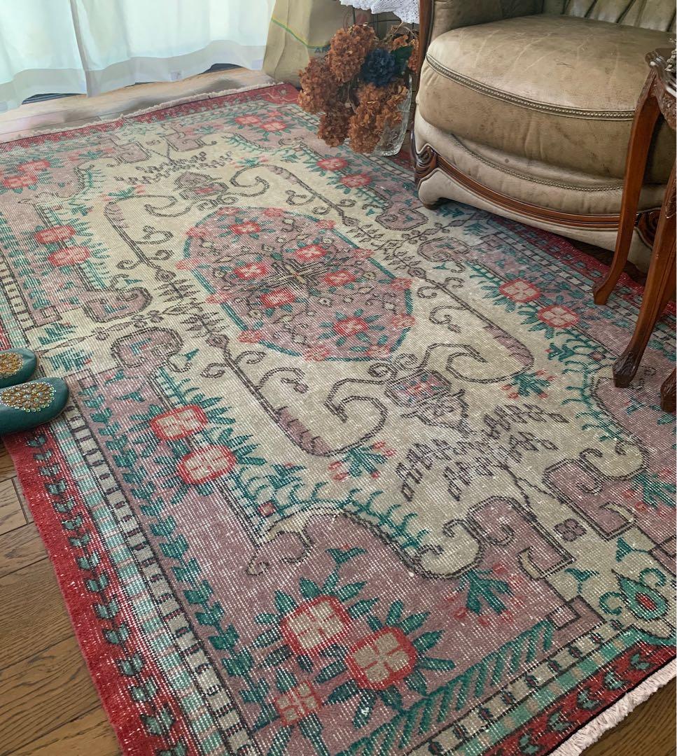 トルコヴィンテージラグ　205×122 モーヴピンク　フラワー　トルコラグ