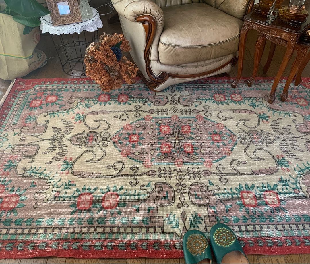 トルコヴィンテージラグ　205×122 モーヴピンク　フラワー　トルコラグ