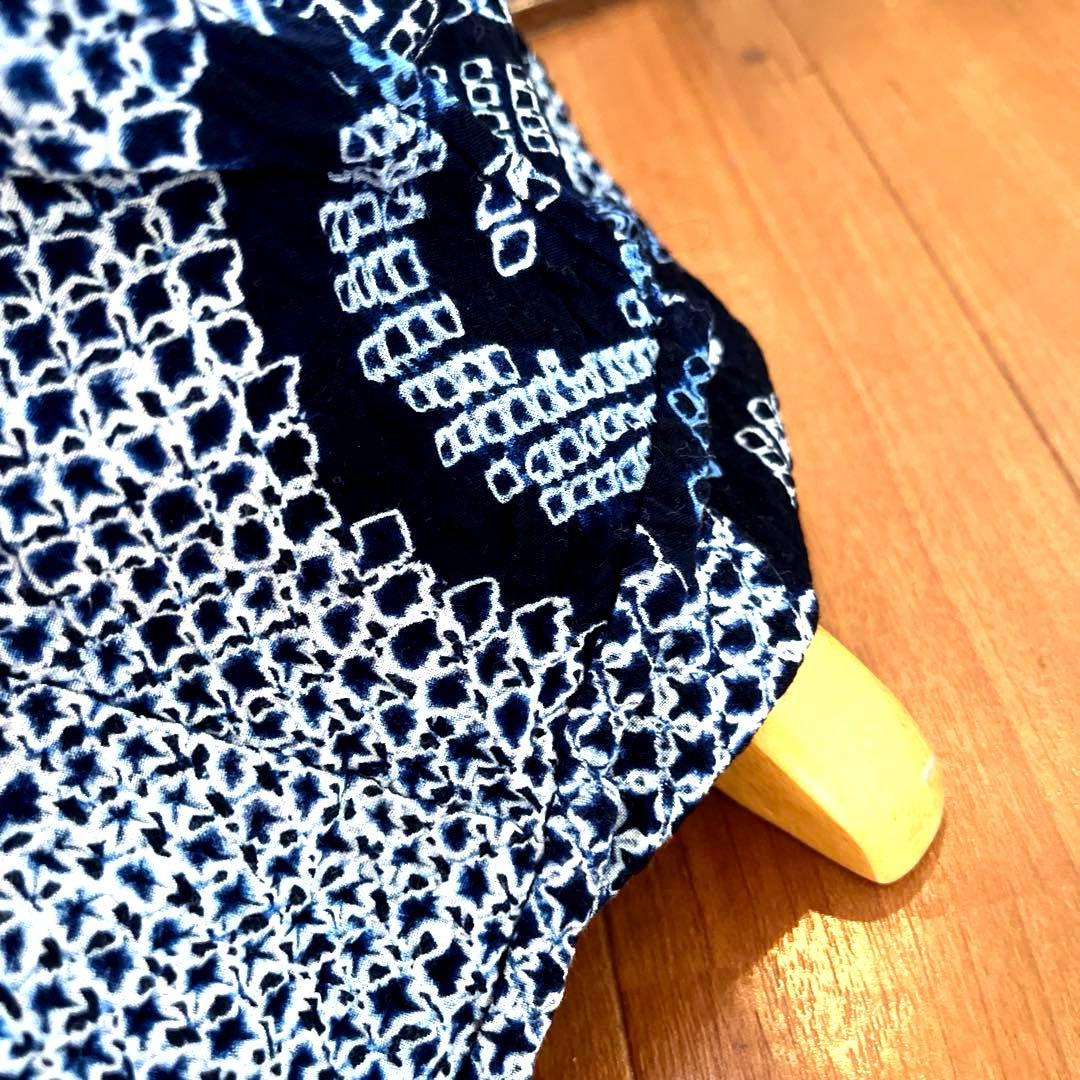 有松鳴海絞り 唐草模様 広襟そう手縫い仕立て 濃紺×ブルー 洗い済み 美品S