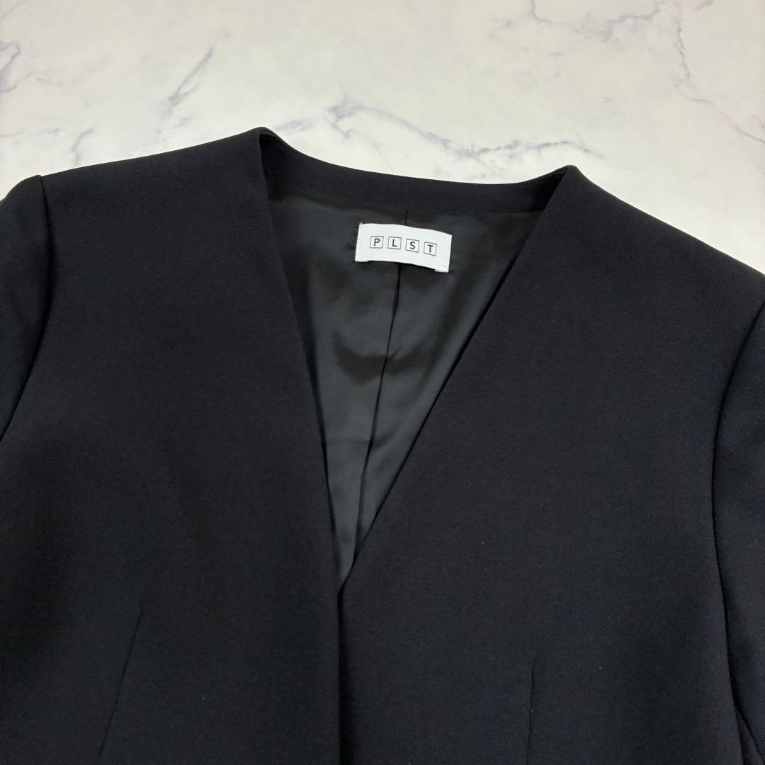 PLST　パンツスーツ　セットアップ　ノーカラージャケットM　パンツL　ブラック