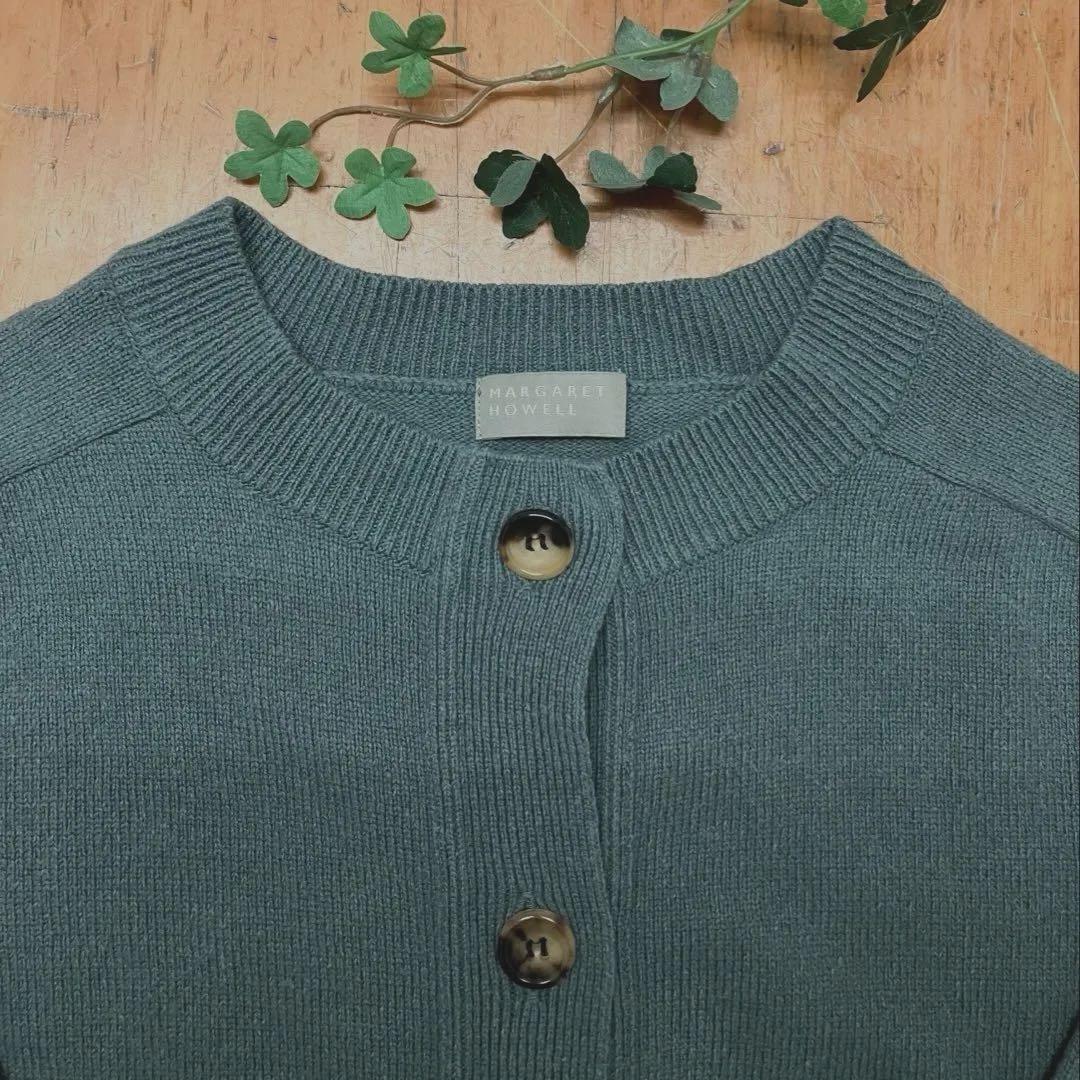 MARGARET HOWELL ウールコットンクルーネックカーディガン ブルー