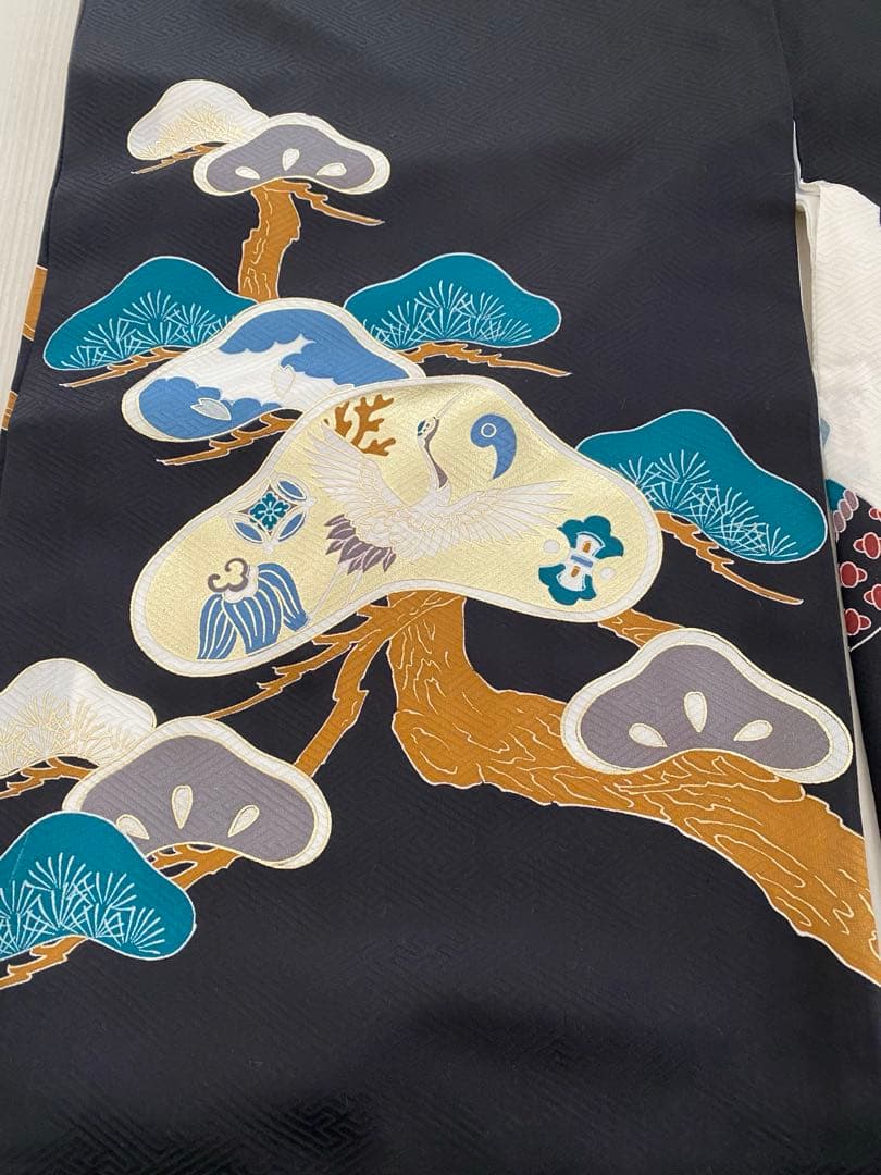 お宮参り 着物 男の子 産着 黒 兜 巻物 松 鶴 正絹 羽織