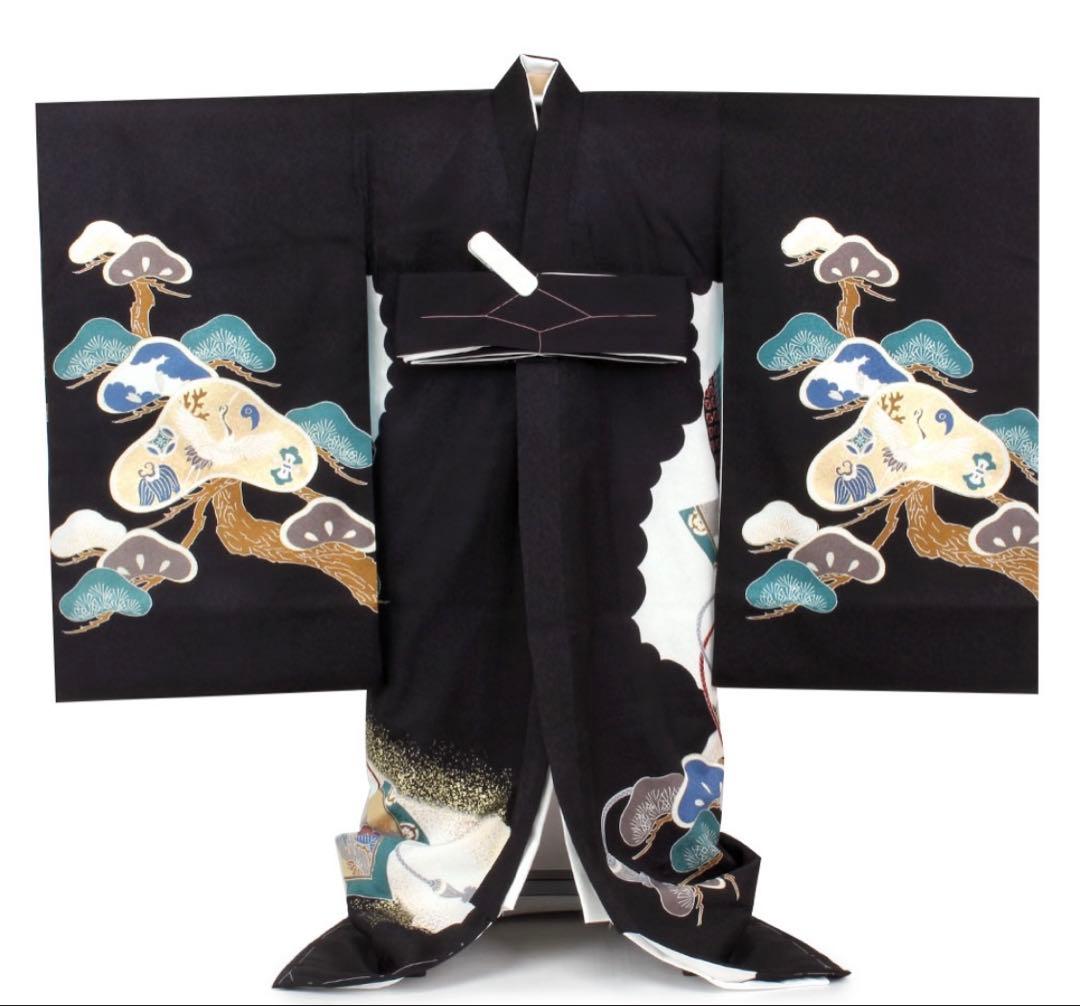 お宮参り 着物 男の子 産着 黒 兜 巻物 松 鶴 正絹 羽織