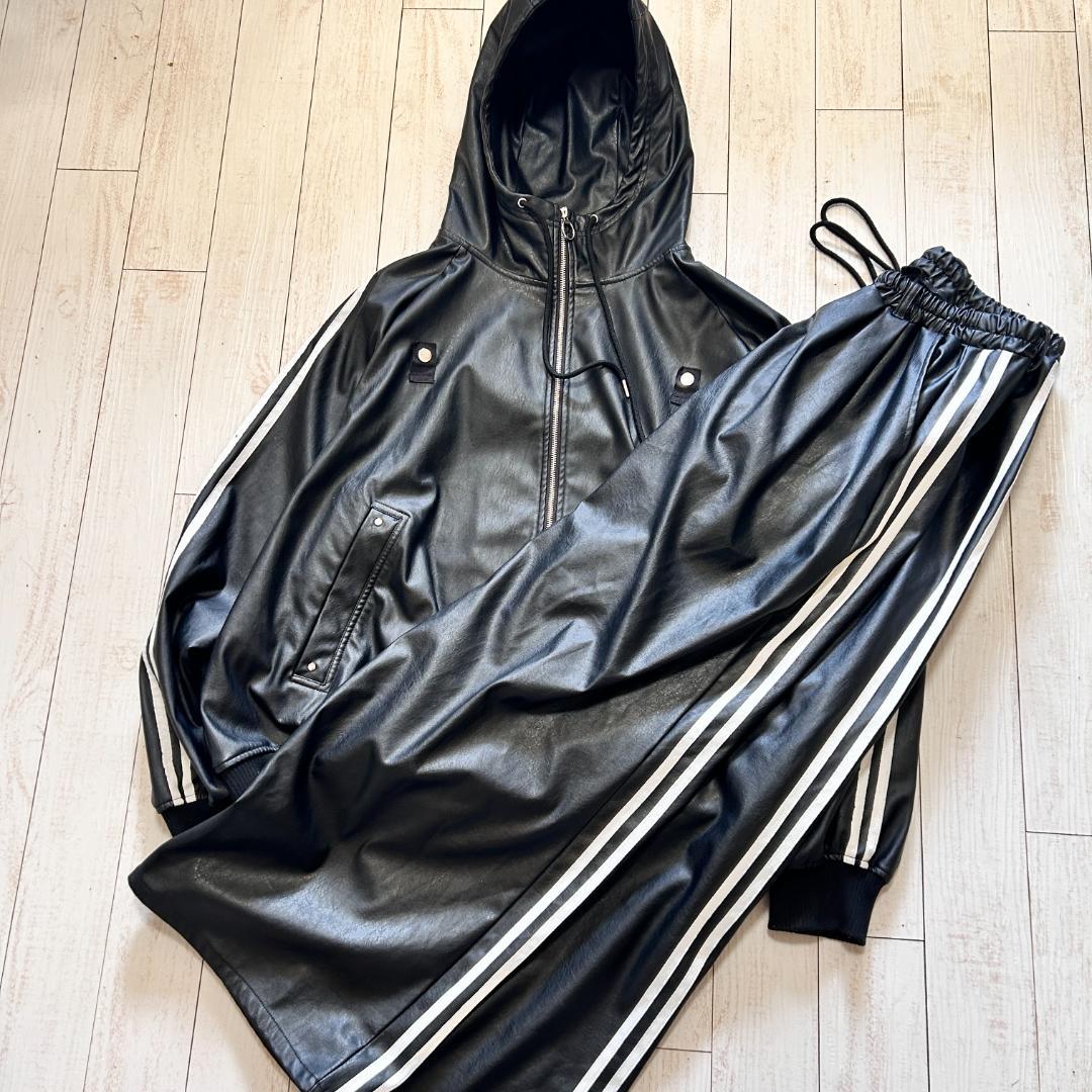 ADRER アドラー フェイクレザー セットアップ ジップパーカー ワイドパンツ