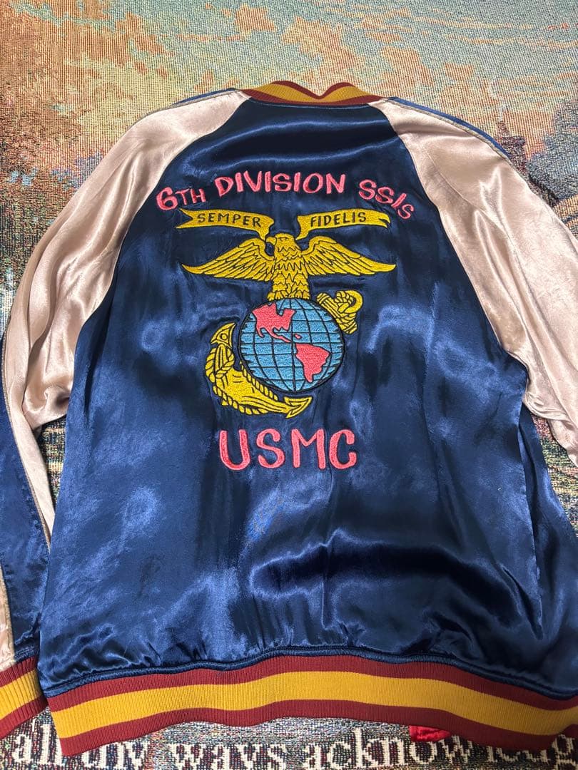 AVIREX スカジャン USMC 刺繍 ベロア調 ネイビー×レッド XLサイズ