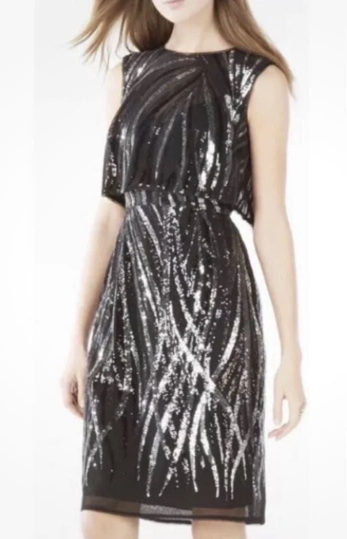 BCBGMaxAzriaチャコール スパンコール オーバーレイ パーティードレス