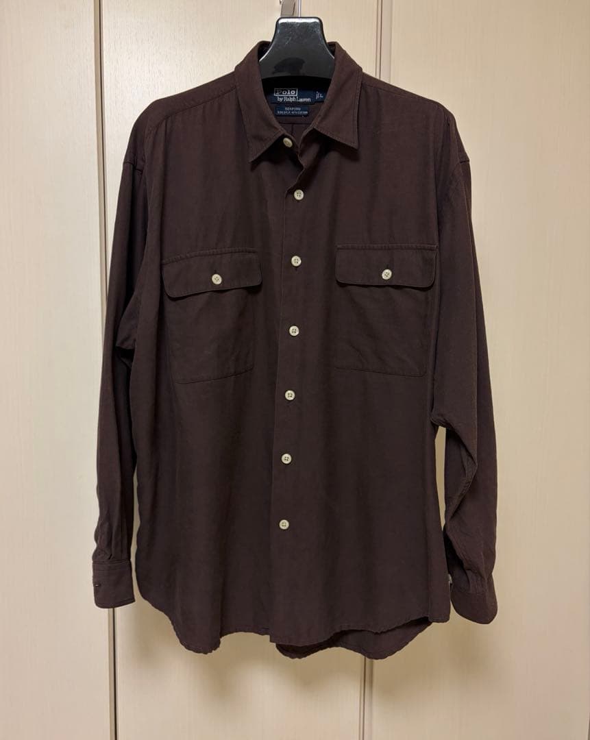 90s ラルフローレン BENFORD シルクコットン シャツ L ブラウン 茶