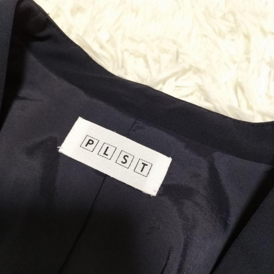 プラステ　パンツスーツ　セットアップ　ノーカラー　カラーレス　ネイビー　背抜き