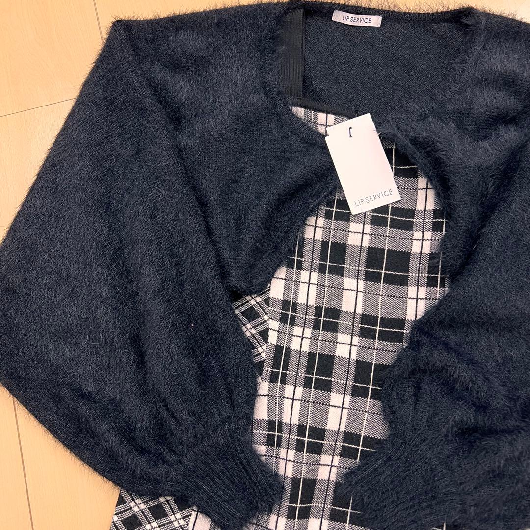 19新品リップサービス定価13090円フェザーチェックアンサンブルワンピース黒S