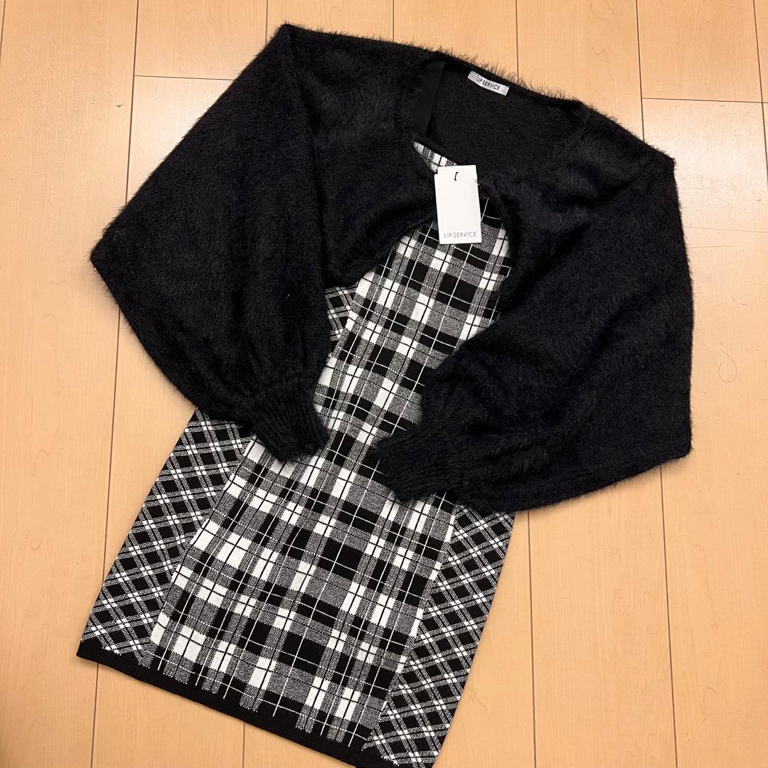19新品リップサービス定価13090円フェザーチェックアンサンブルワンピース黒S
