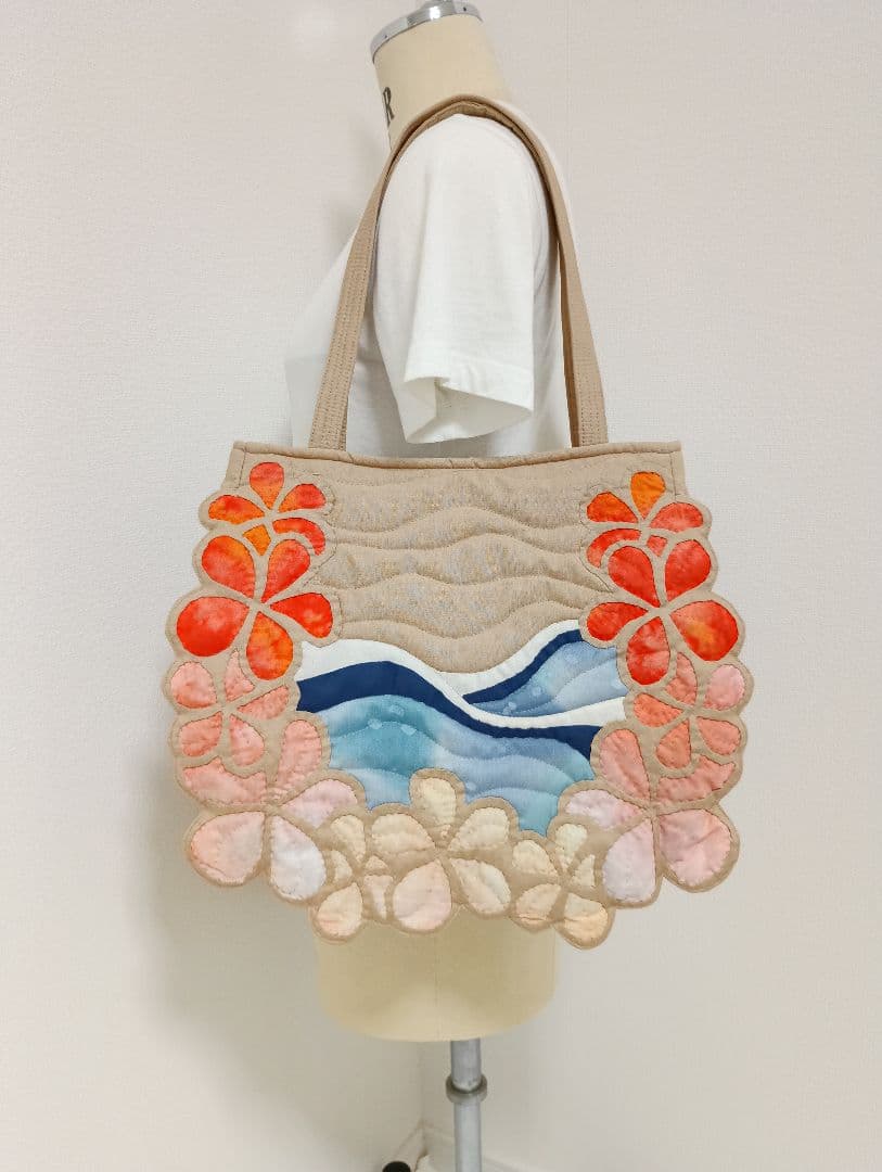 ハワイアンキルト　ハンドメイド　プルメリアトートバッグ