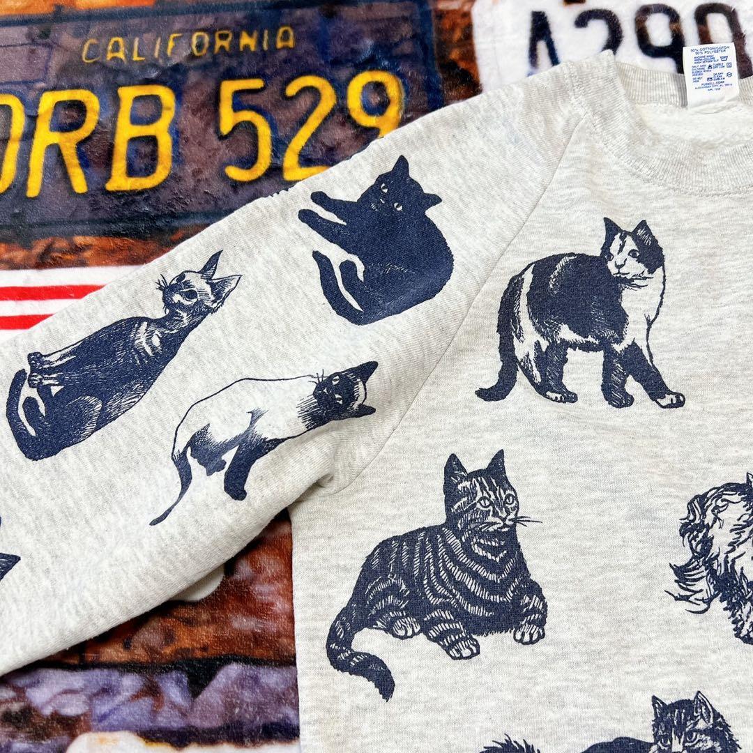 n*様 90s USA製 JERZEES 総柄 キャット　スウェット L 猫 ア