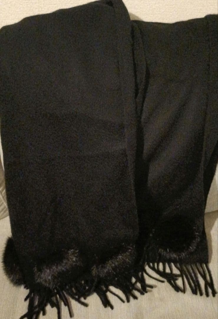 FENDI カシミアブラック ストール ファーフリンジ付き