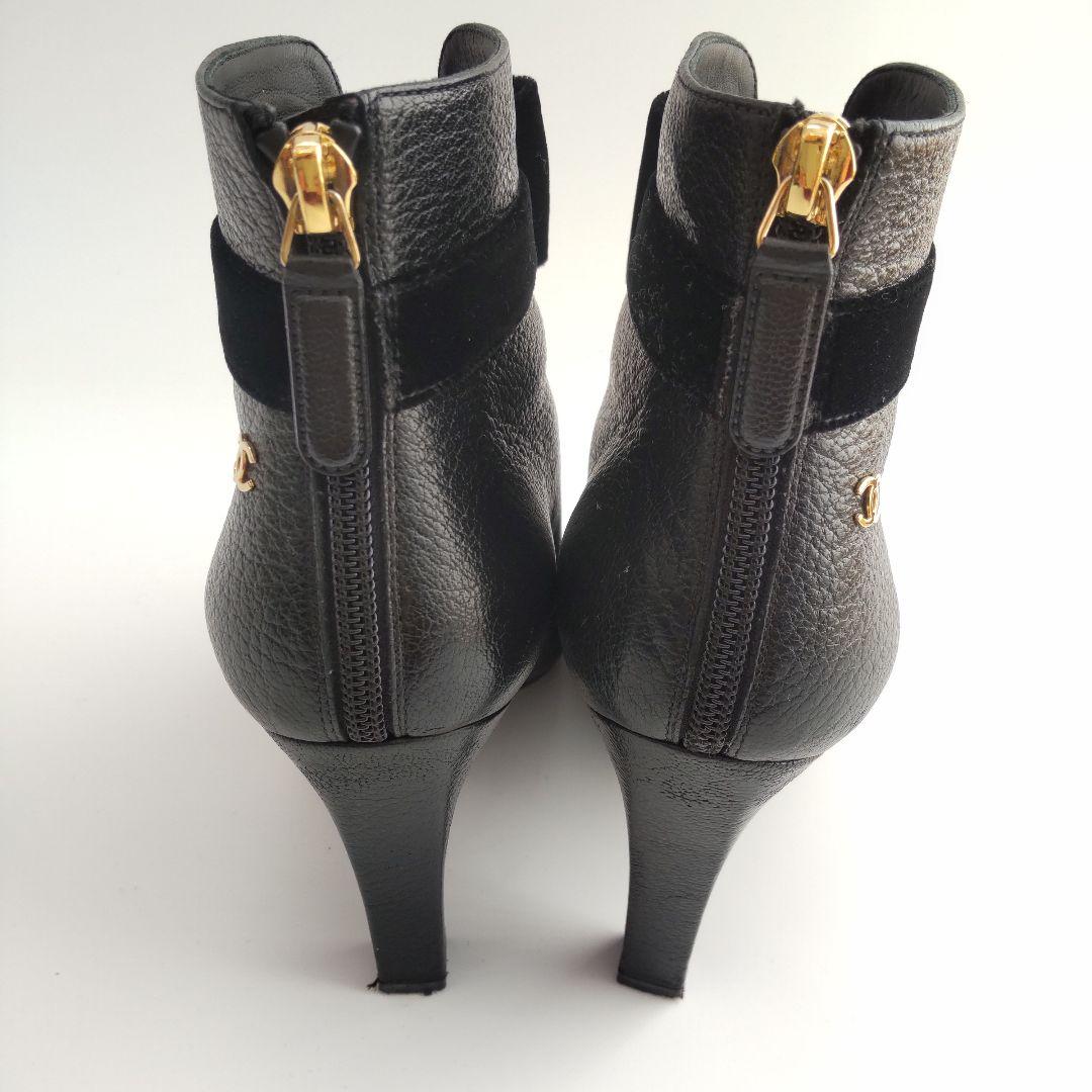 美品 シャネル リボン ココマーク ベロア ショートブーツ レザー ブラック