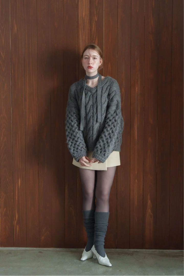 acka. neck details cable knit ニット グレー